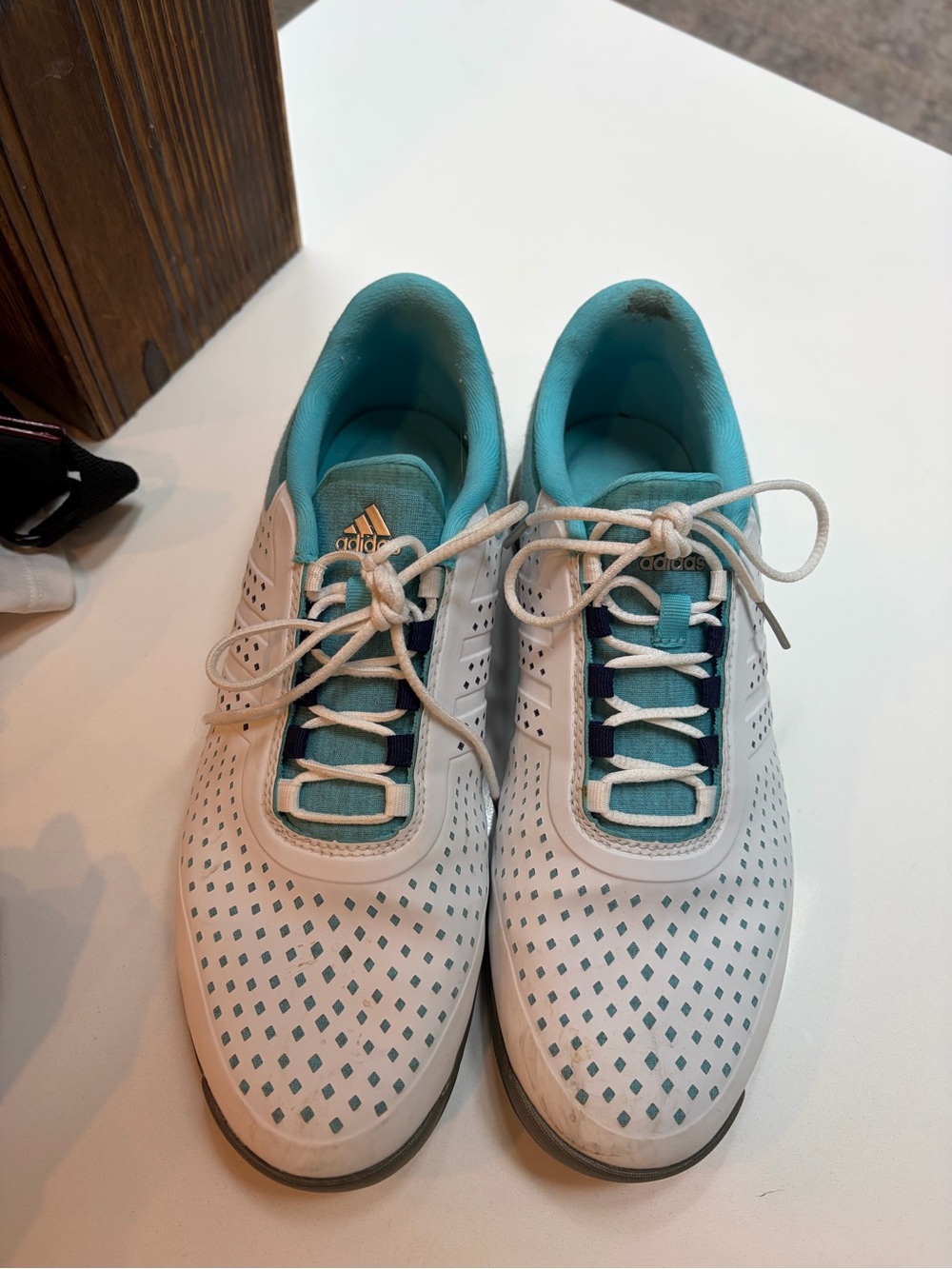 adidas White and Teal Perforated Lace-Up golf Sneakers